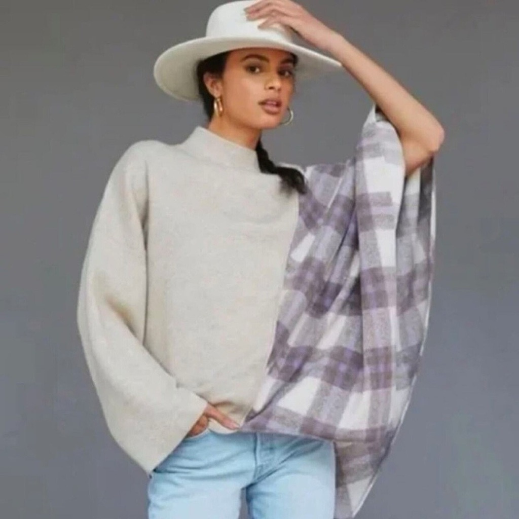 Anthropologie Pilcro Cream And Purple Knit Poncho